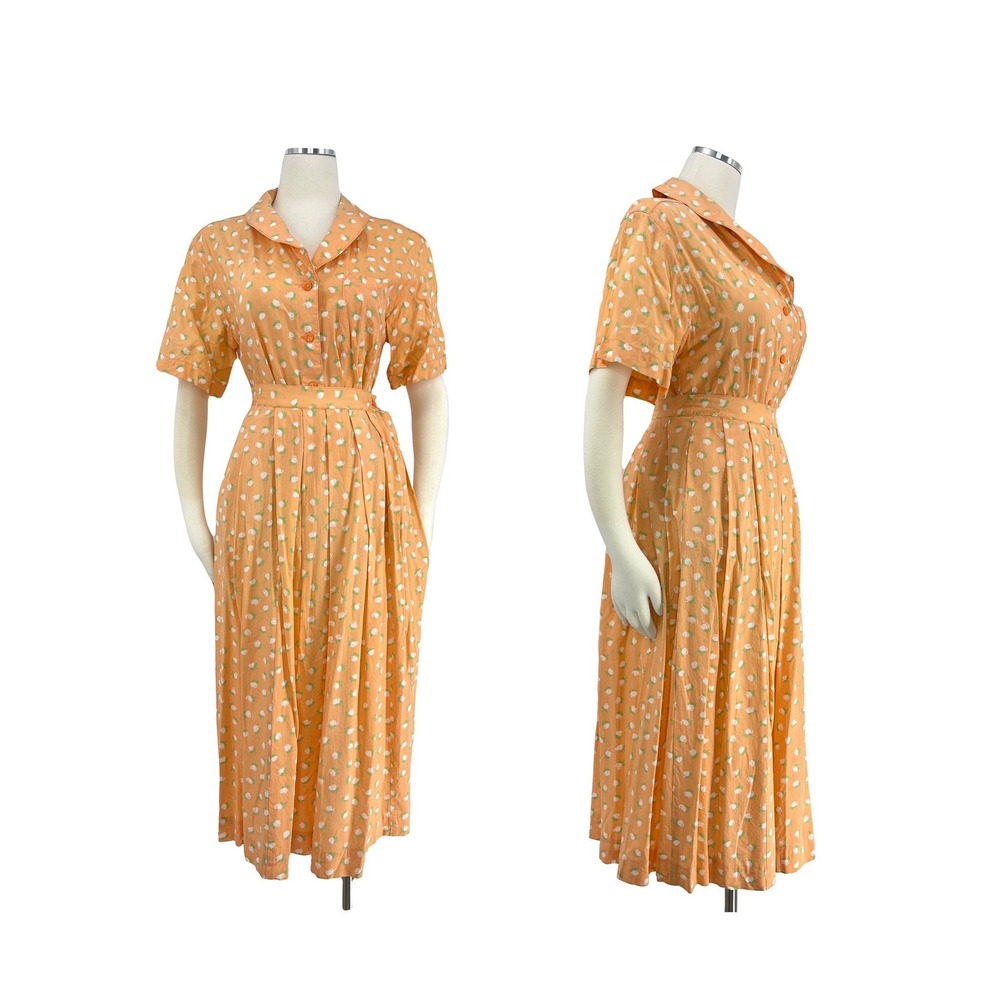 vintage skirt blouse matching set peach novelty print 80s 1980s outfit
